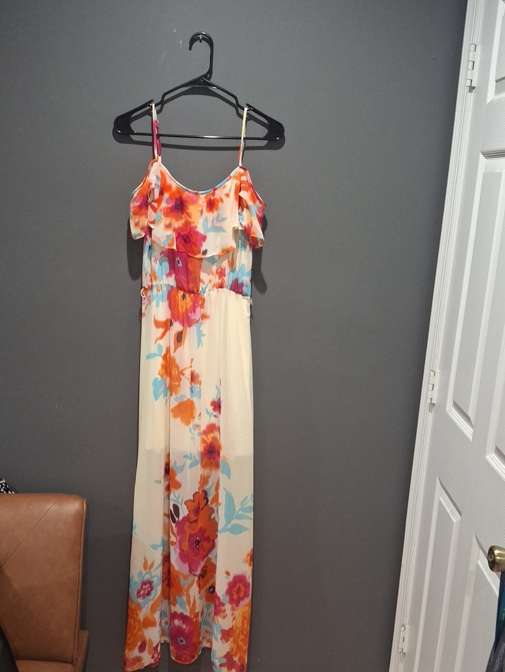 Bisou Bisou Cream Maxi Dress with Orange, Pink & Teal Floral Design